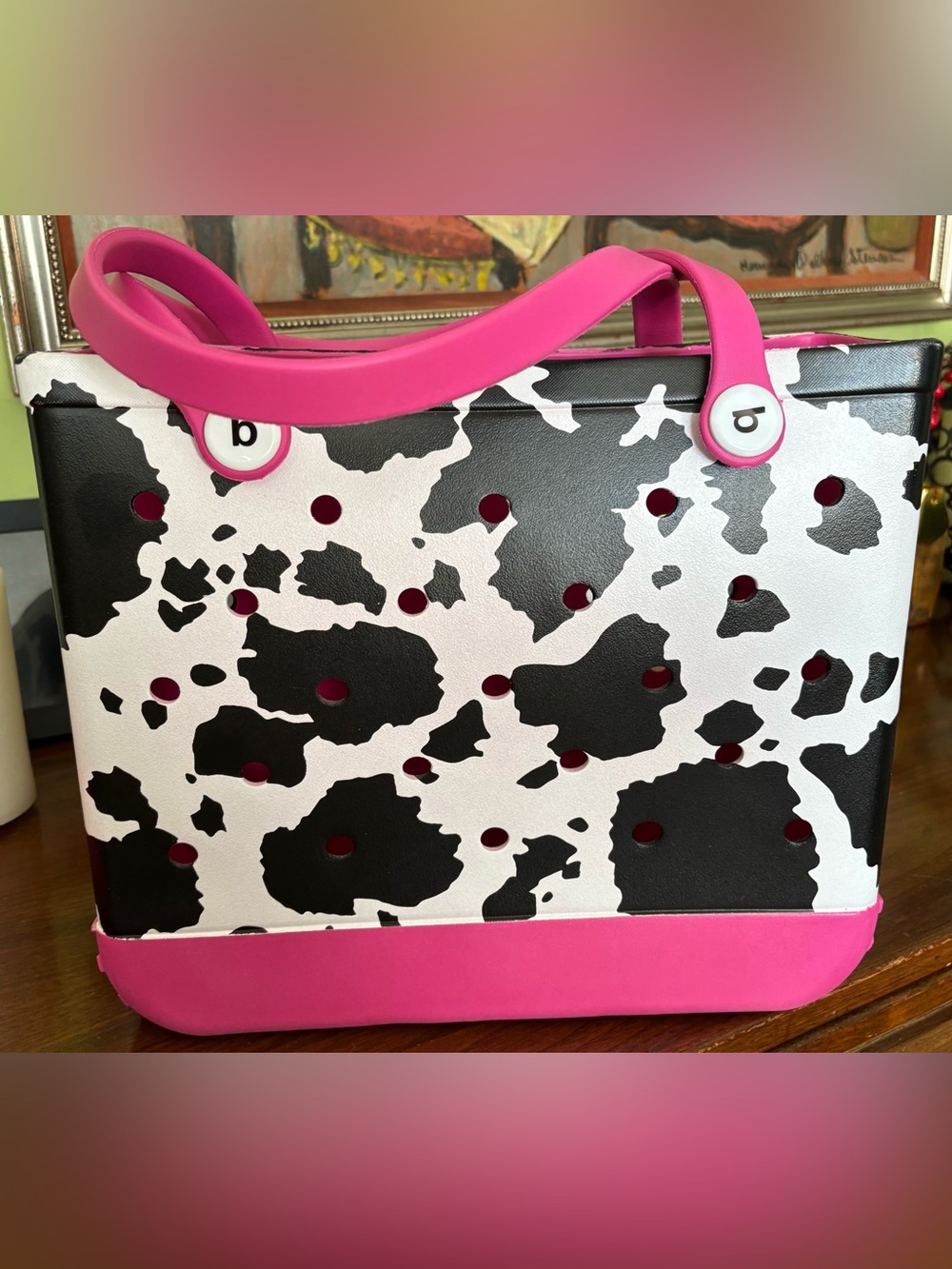Pink and Black Cowhide Print “B” Tote Bag-Size Medium